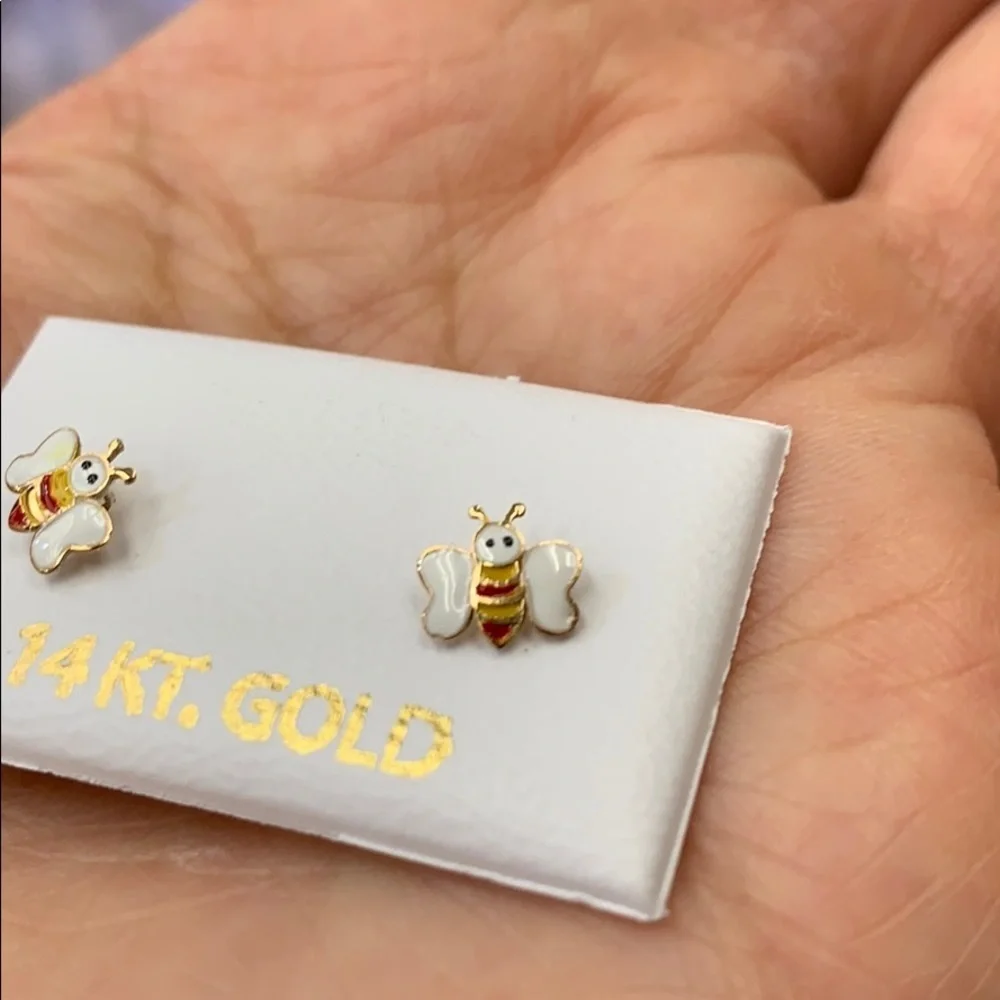 New Tiny kids baby 14k Yellow Gold Bee Stud Earrings